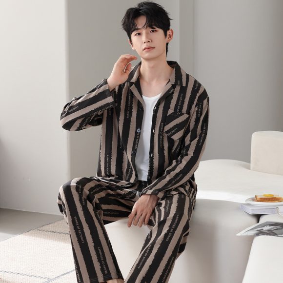 Men's Minimalist Pure Cotton Long Sleeved Home Suit Set - Image 3
