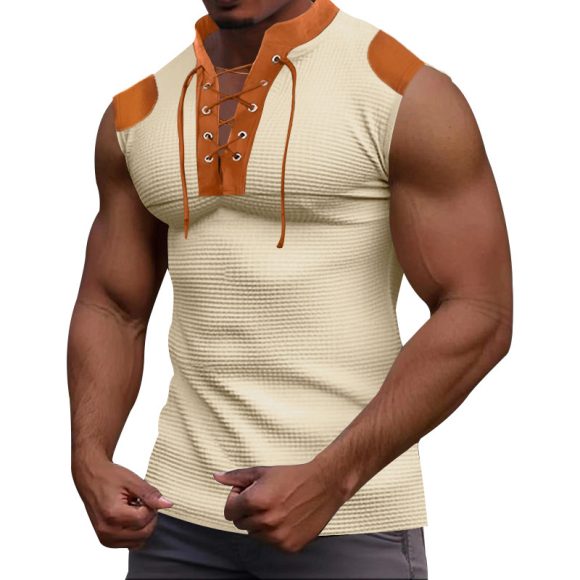 Casual Multicolor Lace-up V-neck Sleeveless T-shirt - Image 4