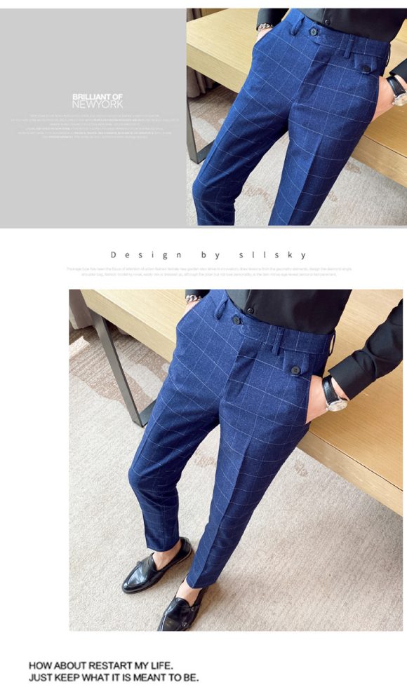 Korean Style British Classic Checkered Elegant Slim Fit Men's Best Man Pencil Pants Suit Pants - Image 6