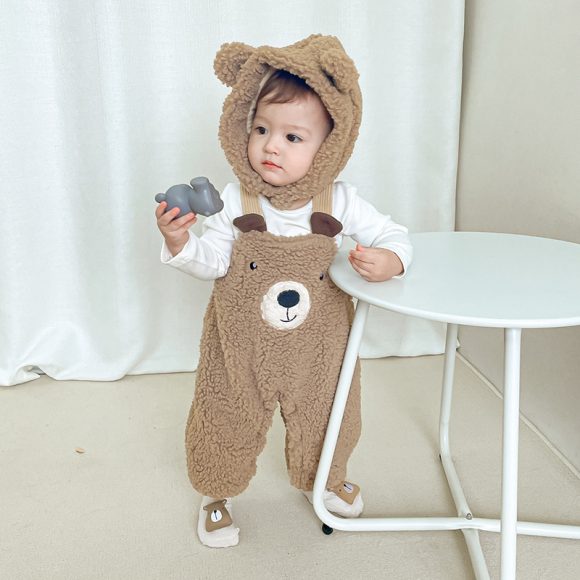 Baby Jumpsuit Autumn And Winter Plus Velvet Baby Clothing Bear Suspenders - Image 3