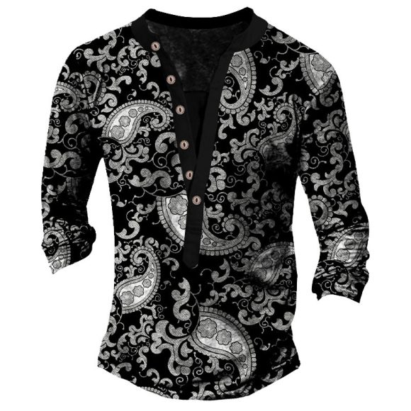 Printed Retro Fashion Casual Henry Neck Long Sleeves T-shirt - Image 6