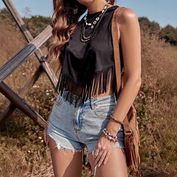 Women's Summer Casual Holiday Tassel Back Lace-up Sleeveless Solid Color Top - Image 5