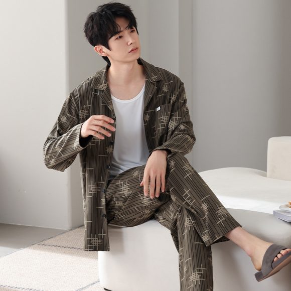 Men's Minimalist Pure Cotton Long Sleeved Home Suit Set - Image 8