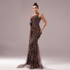 One-shoulder Diagonal Collar Leopard Sequined Evening Dress - Image 3