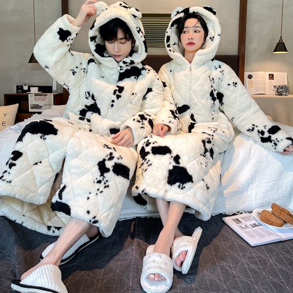 Winter Men's Quilted Cow Pajamas Thick Coral Fleece Bathrobe Homewear Nightgown - Image 9