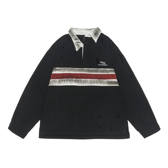 Color Contrast Patchwork Long Sleeve Polo Shirt Men - Image 3