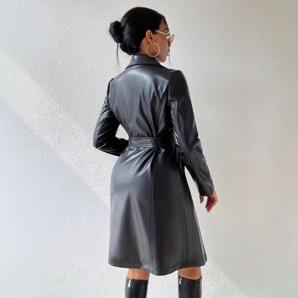 PU Long Sleeve Women's Slim Fit Long Trench Coat - Image 4