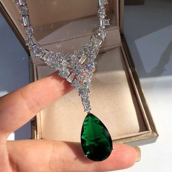 Silver Gold-plated Moissan Diamond Pendant Natural Emerald Necklace - Image 5