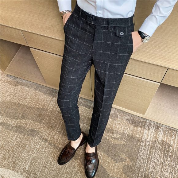Korean Style British Classic Checkered Elegant Slim Fit Men's Best Man Pencil Pants Suit Pants - Image 10