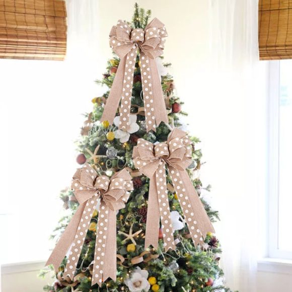 Linen Beige Bow Christmas Tree Pendant - Image 3