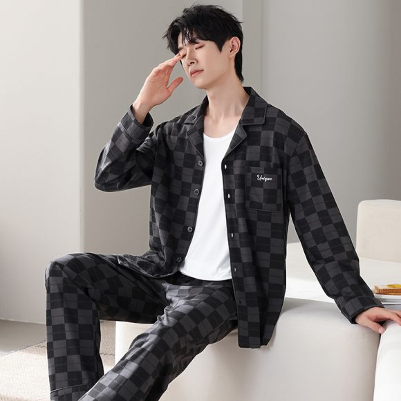 Men's Minimalist Pure Cotton Long Sleeved Home Suit Set - Image 4