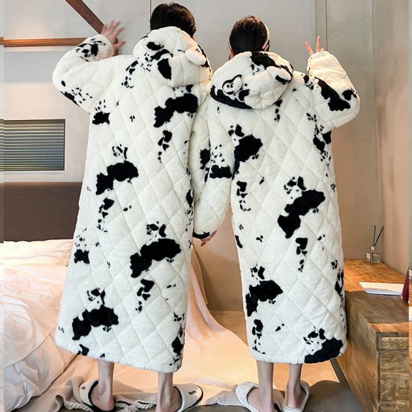Winter Men's Quilted Cow Pajamas Thick Coral Fleece Bathrobe Homewear Nightgown - Image 6