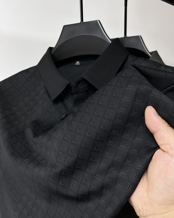 High-end Elegant Ice Silk Short Sleeve T-shirt Men's Lapel Summer Plaid Polo Shirt - Image 10