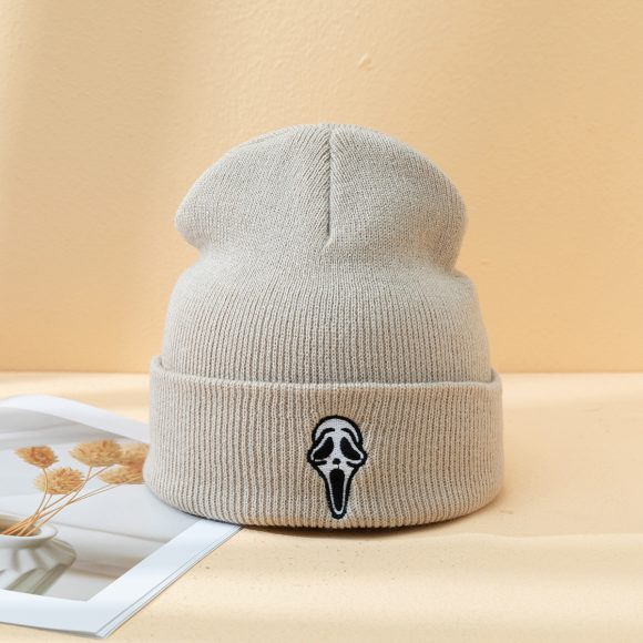 Halloween Dark Embroidered Ghost Face Skeleton Head Fashion Autumn And Winter Warm Fashion Men's And Women's Knitted Hat - Image 3