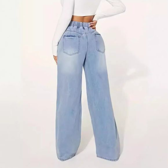 High Waist Drawstring Loose Wide Leg Light Blue Jeans - Image 6