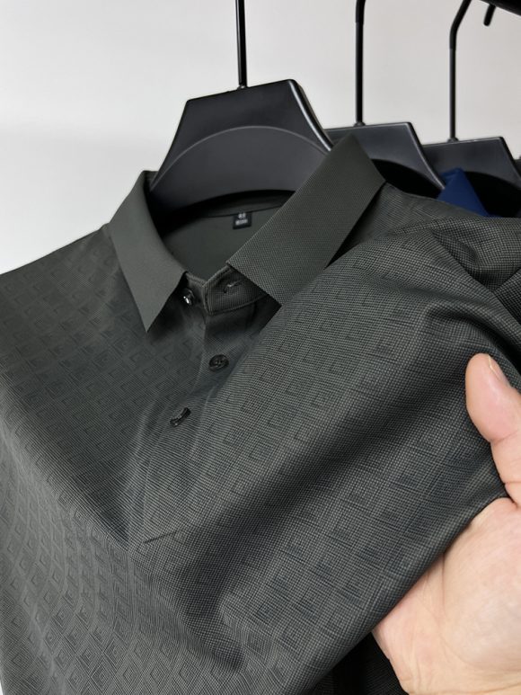 High-end Elegant Ice Silk Short Sleeve T-shirt Men's Lapel Summer Plaid Polo Shirt - Image 7