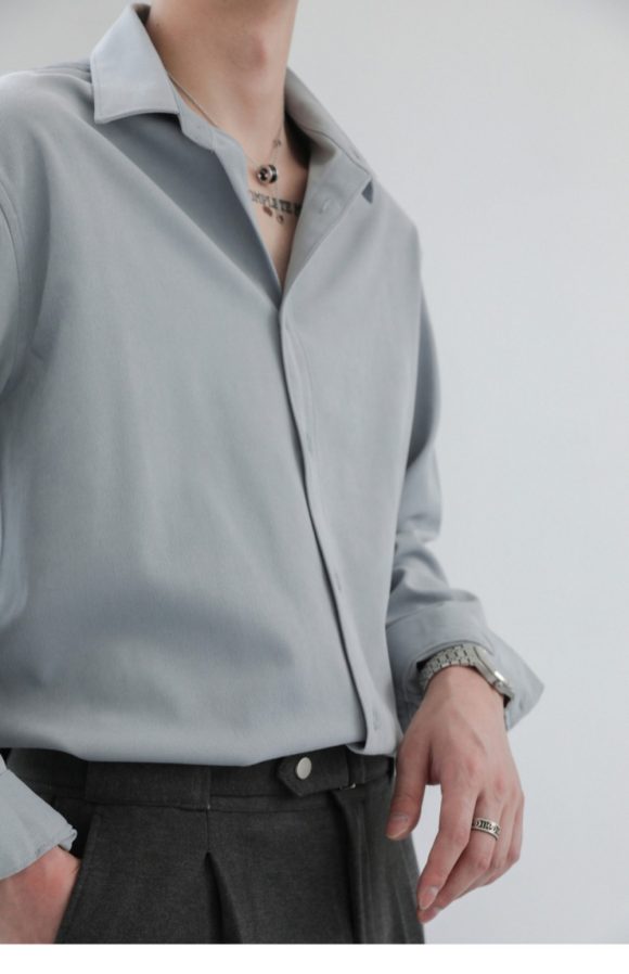 Loose Solid Color Long Sleeve Shirt For Men - Image 6