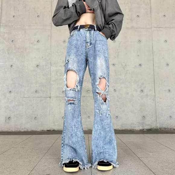 Retro Make Old Ripped Slim-fit Blue Jeans - Image 6