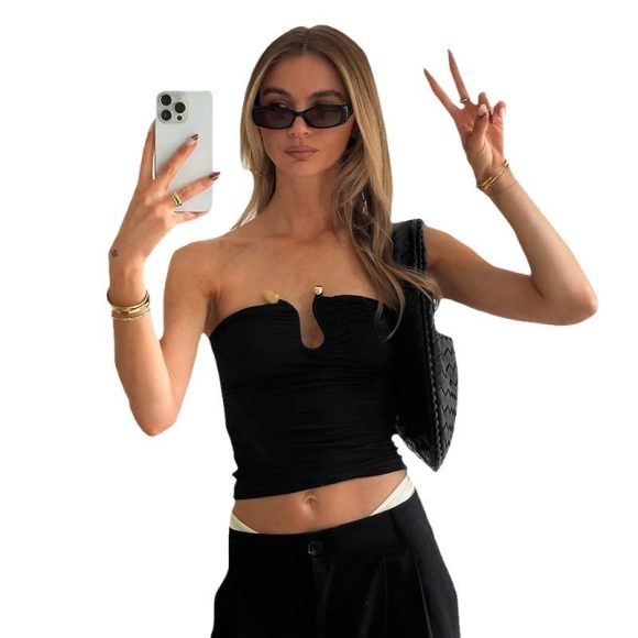 Solid Color Chest-wrapped Backless Pleated Agate T-shirt - Image 3