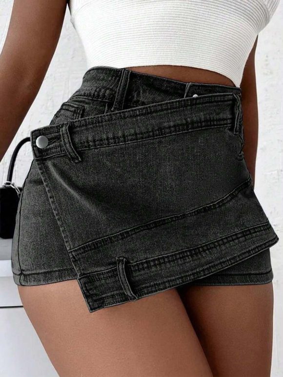 Grunge Punk Street New Vintage Stretchy Overlap Waist Wrap Asymmetric Hem A-Line Skinny Denim Skorts Halloween Clothes Jeans - Image 4