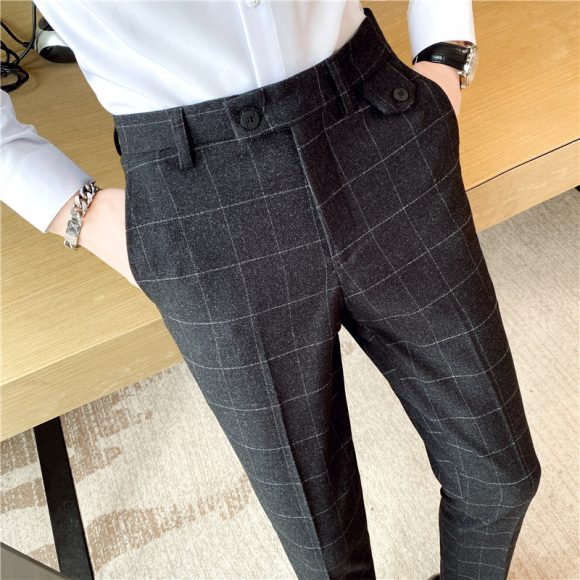 Korean Style British Classic Checkered Elegant Slim Fit Men's Best Man Pencil Pants Suit Pants - Image 2