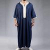Arabic Robe Mid Short Sleeve Embroidered Navy Blue Men