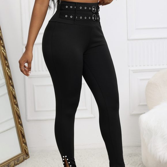 Ladies' Solid Color Casual Style Tight Fitting High Waist Slim Fit Slit Detail Pants Waist Ring Fake Belt Design Sense Tapered Pants - Image 5