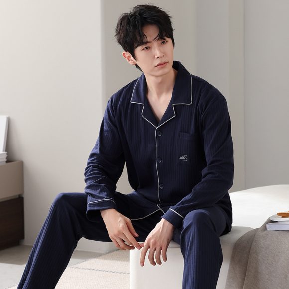 Men's Minimalist Pure Cotton Long Sleeved Home Suit Set - Image 6