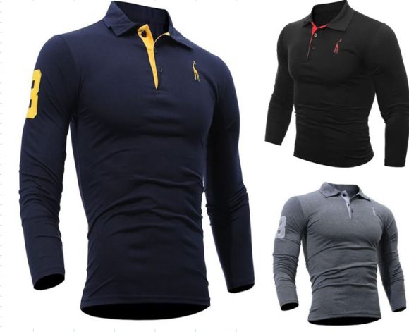 Embroidered Deer Digital Polo Collar Men's Long Sleeve - Image 2
