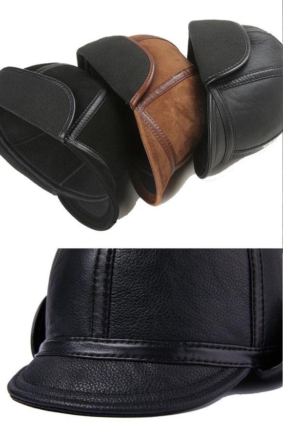 Casual Leather Men's Winter Sheepskin Velvet Thermal Outdoor Hat - Image 3