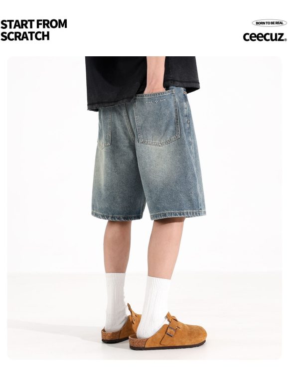 All-match Loose Straight Sports Shorts Washed Overalls Denim Shorts - Image 7