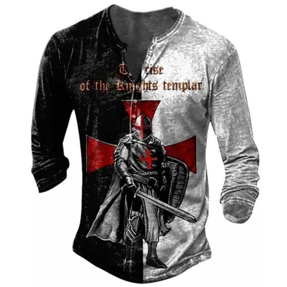 Open Placket Button Digital Printing Men's Long-sleeved T-shirt - Image 9