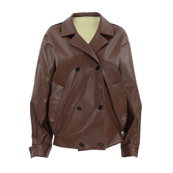 Women's Elegant Suit Collar Loose Leather Coat - Image 2