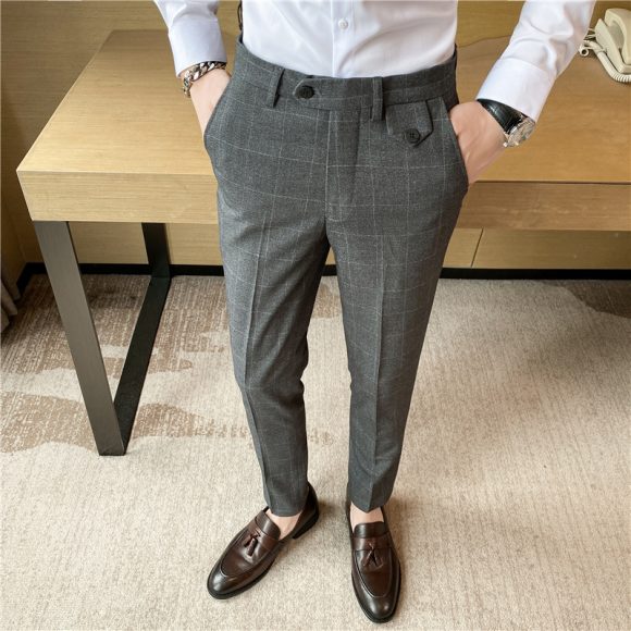Korean Style British Classic Checkered Elegant Slim Fit Men's Best Man Pencil Pants Suit Pants - Image 4