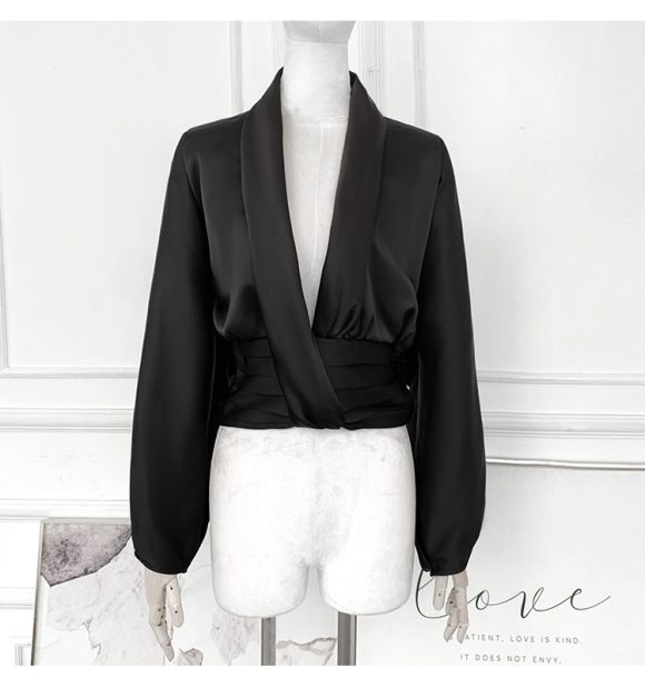 French Drape Low-cut Cinched Pleated Long Sleeve Shirt - Image 6