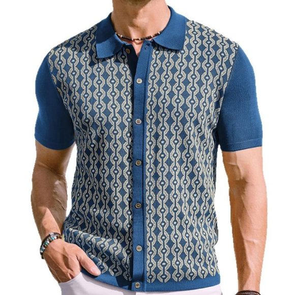 Summer Tencel Short-sleeved Sweater Lapel Jacquard Cardigan For Men - Image 6