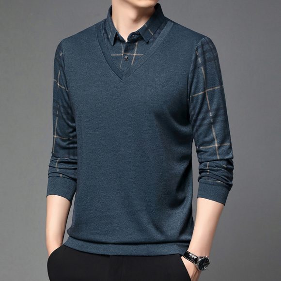 Fake Two-piece Lapel Long-sleeved Men's T-shirt - Image 3