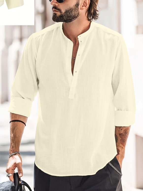 Men's Casual Stand-up Collar Door Barrel Solid Color Long-sleeved Shirt - Image 8