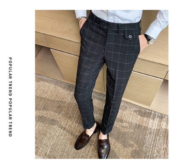 Korean Style British Classic Checkered Elegant Slim Fit Men's Best Man Pencil Pants Suit Pants - Image 9