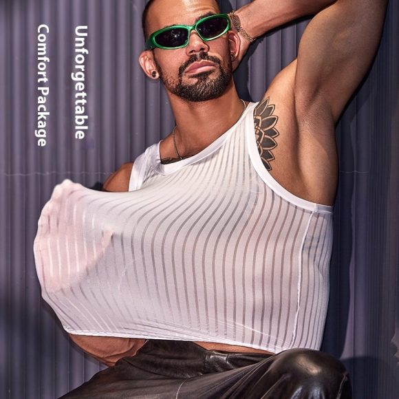 New Men's Cross-strap Vest Striped Thin Transparent High Elastic Skin-friendly Top - Image 7