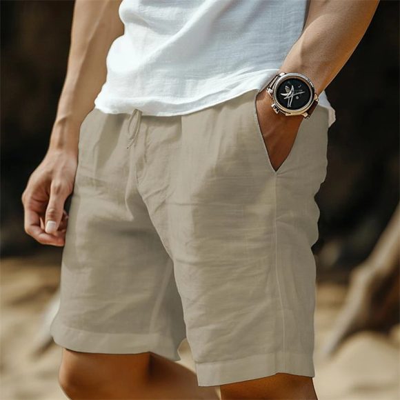 Men's Cotton And Linen Pocket Drawstring Elastic Waist Shorts - Image 6
