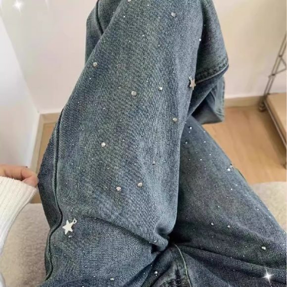 Light Blue Narrow Wide Leg Jeans Straight Spring - Image 4