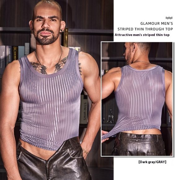 New Men's Cross-strap Vest Striped Thin Transparent High Elastic Skin-friendly Top - Image 6