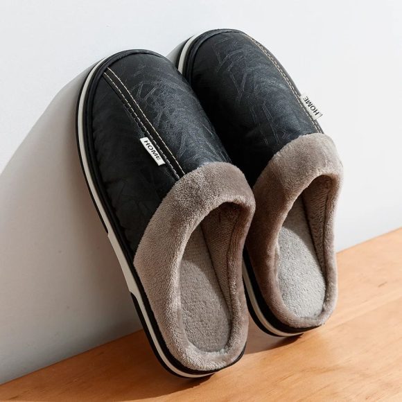 PU Leather Big Sizes Slippers Indoor Waterproof Fur Flat - Image 4
