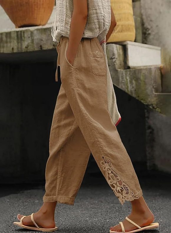 Women Casual Lightweight Drawstring Elastic Waist Pants With Pockets - Image 2