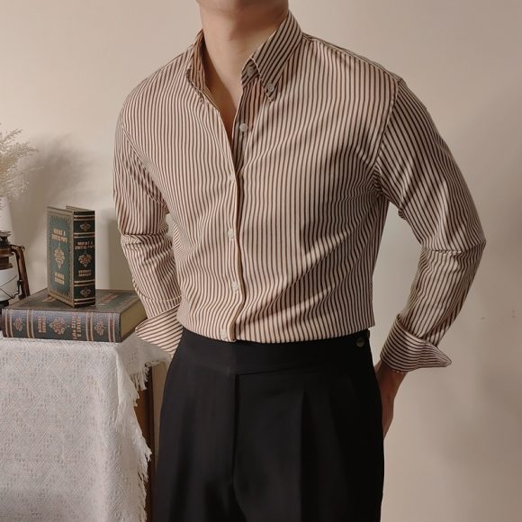 Slim Fitting Coffee Striped Shirt For Men - Image 6