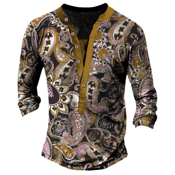 Printed Retro Fashion Casual Henry Neck Long Sleeves T-shirt - Image 2