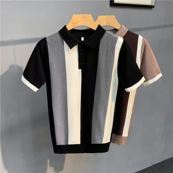Short Sleeve Men's Vintage Stripe Personality Zipper Half Sleeve - Image 2