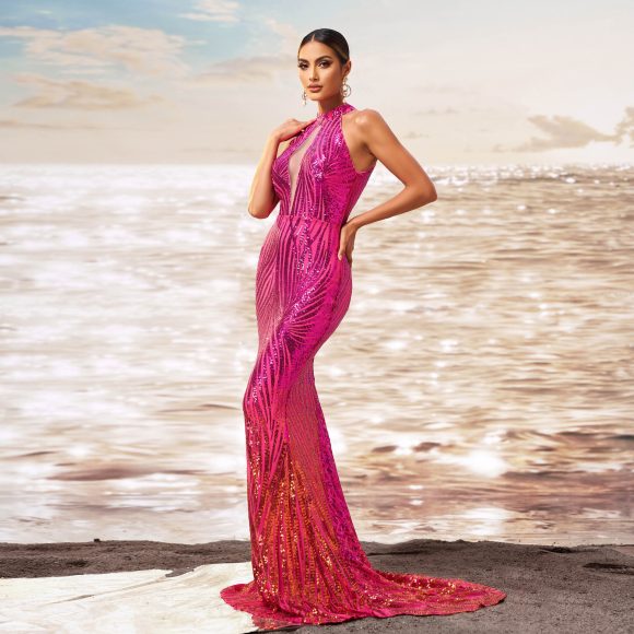 Round Neck Off-the-shoulder Slim-fit Sheath Sequined Banquet Fishtail Evening Dress - Image 3