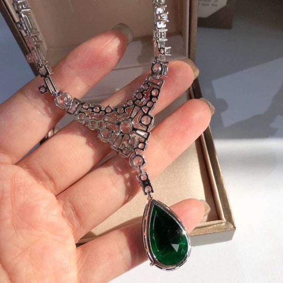 Silver Gold-plated Moissan Diamond Pendant Natural Emerald Necklace - Image 4